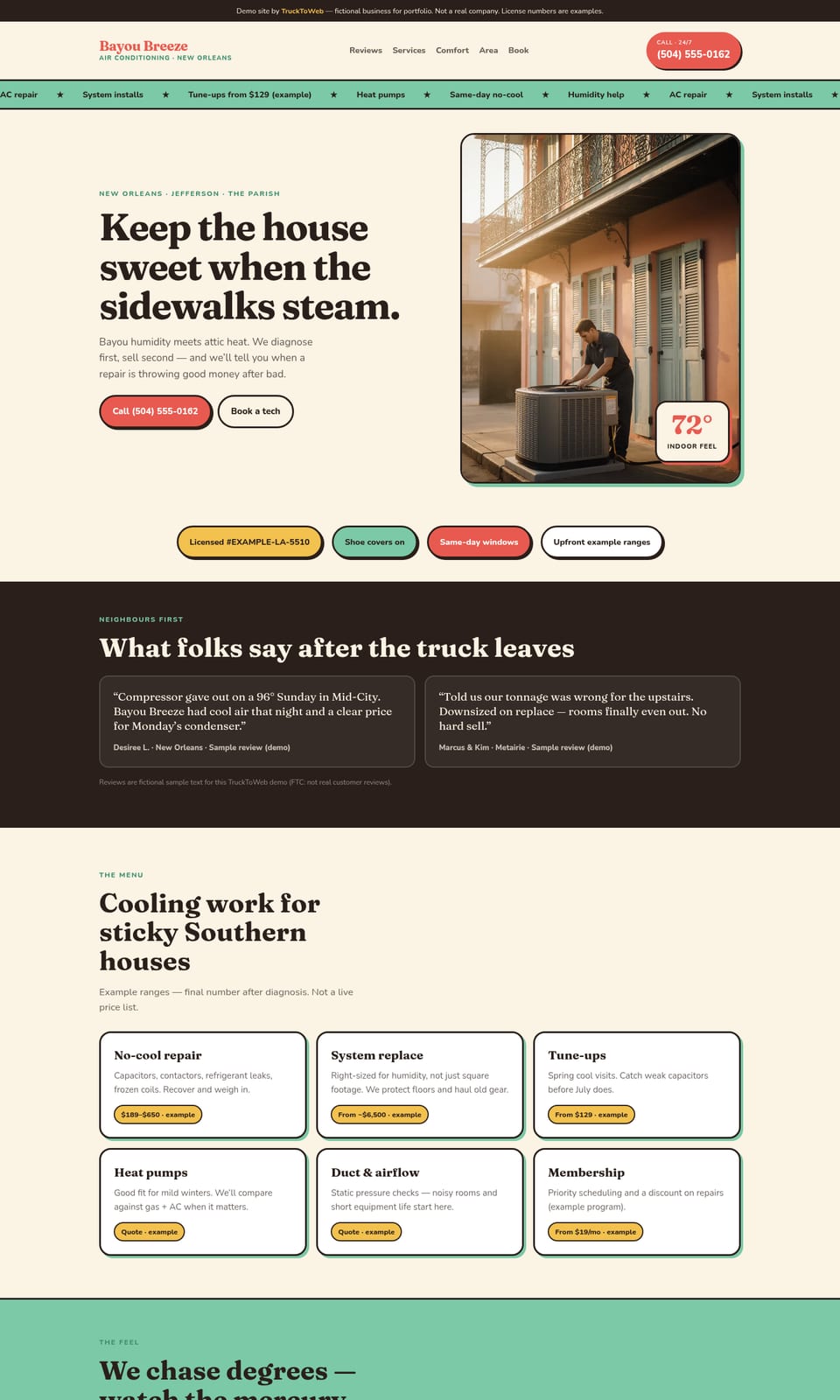 Desktop preview of the fictional Bayou Breeze Air Conditioning website (HVAC, New Orleans, LA)